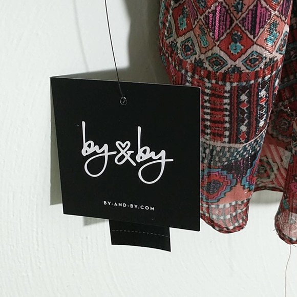 NWT By & By Southwestern Print Lace Insert 3/4 sleeve open shoulder top sz M - Picture 2 of 8